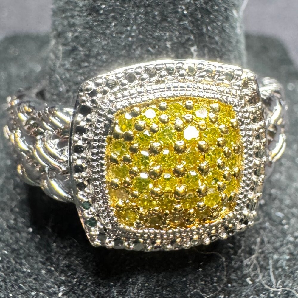 Designer JS Sterling Silver 925 Woven Ring with Yellow-Green Diamonds, Size 9